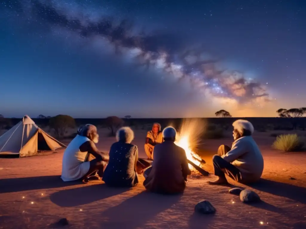 Rituales aborígenes en la naturaleza con ancianos alrededor de la fogata, estrellas brillantes, paisaje natural y un canguro