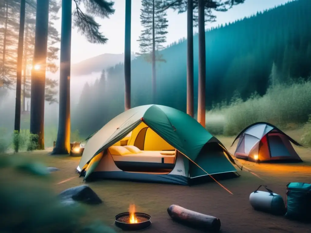 Tendencias camping: Tienda moderna, equipo innovador, bosque misterioso, atmósfera encantadora