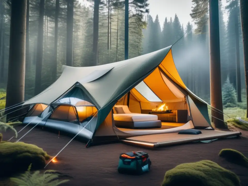 Mejores gadgets camping acampada: Moderna carpa de camping en un bosque, con diseño minimalista y amplios paneles transparentes