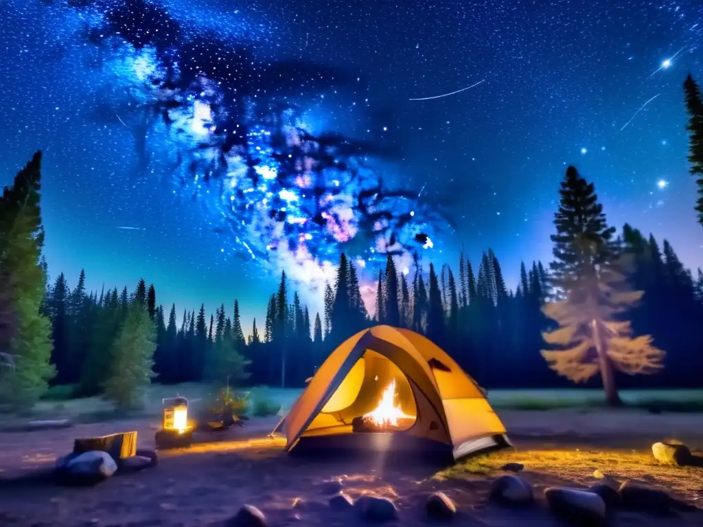 Acampada bajo las estrellas: cielo nocturno, constelaciones, campamento, telescopio, belleza cósmica