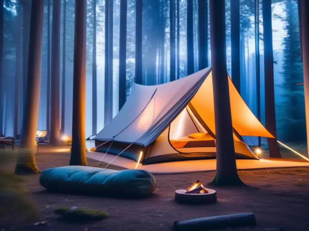 Preparación vehículo viaje camping en misterioso bosque con moderno equipo y acogedora tienda