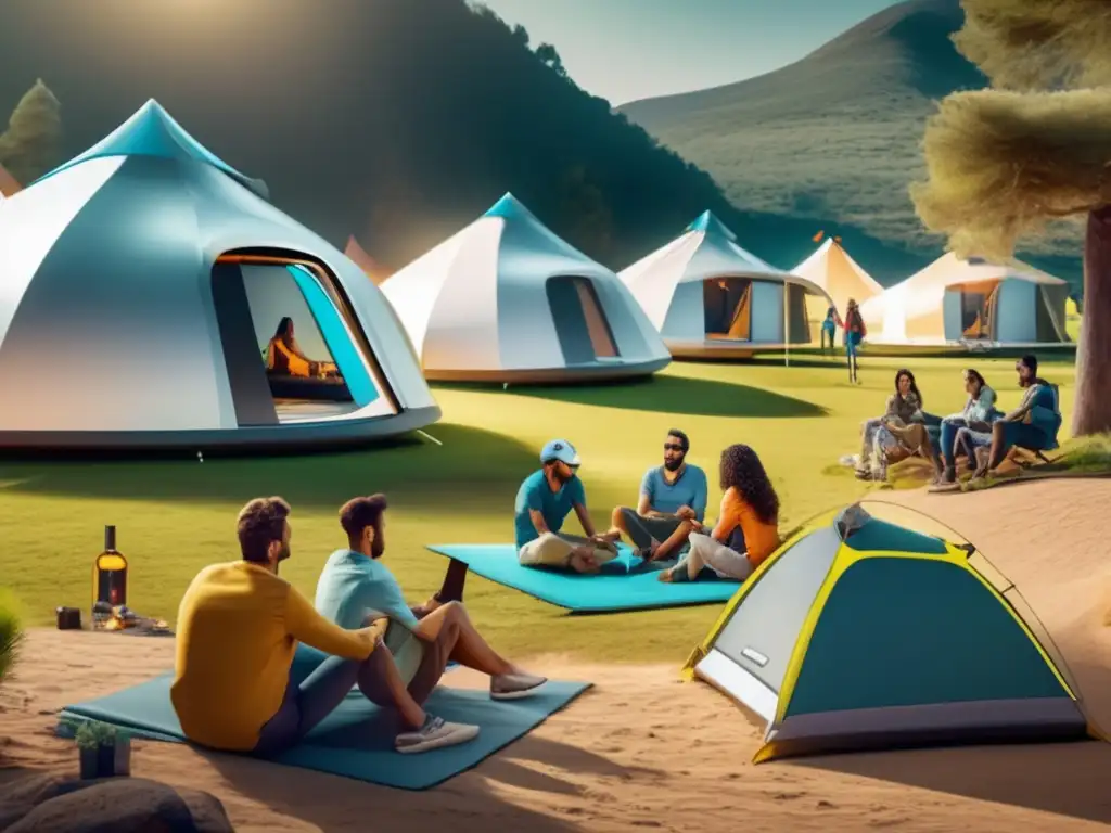 Accesorios innovadores para camping y senderismo en moderno campamento futurista