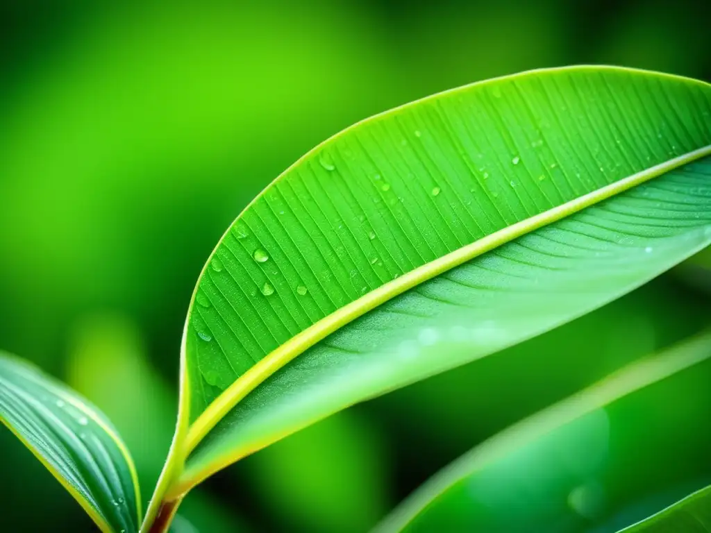 Planta comestible en entorno natural, acelga silvestre con hojas grandes y texturizadas, gotas de rocío y bosque misterioso