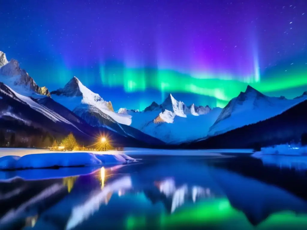 Fotografía nocturna en climas extremos: consejos esenciales - Vista impresionante de los Alpes nevados con aurora boreal y lago congelado