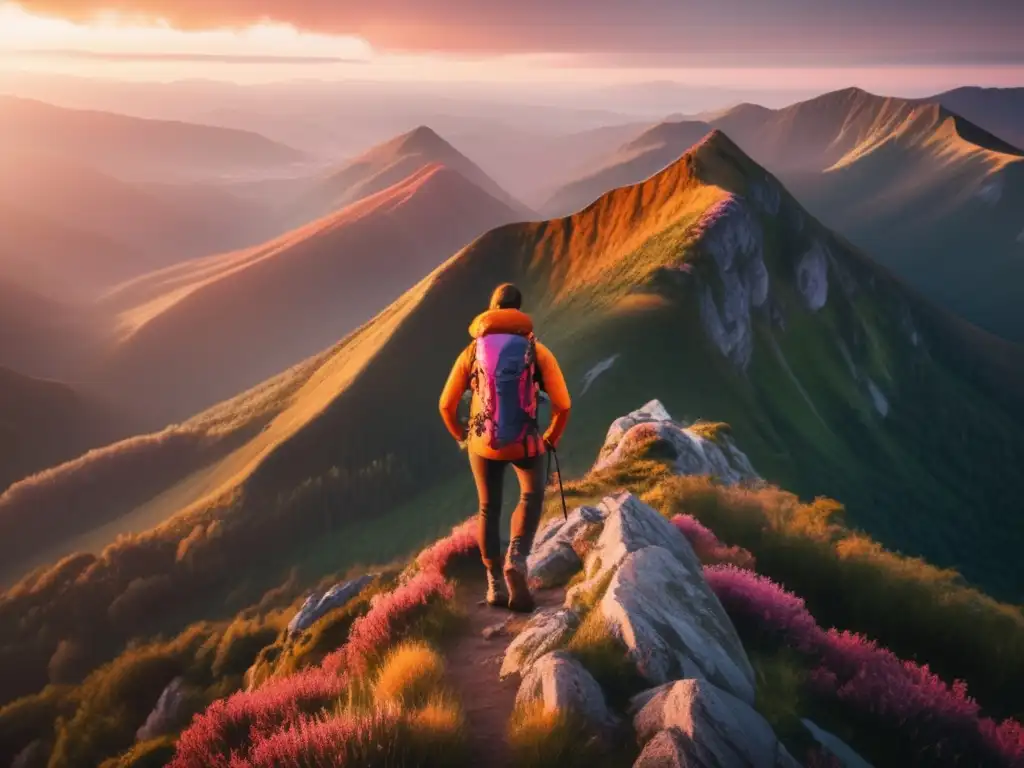 Hiker en cima montaña al amanecer