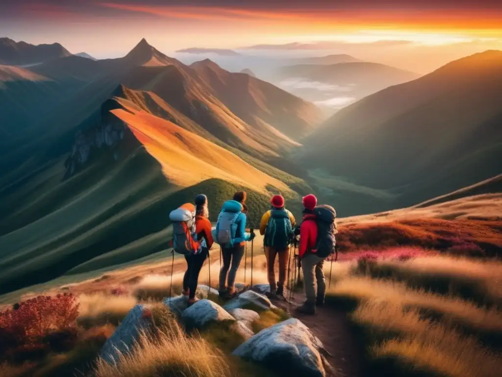 Grupo de senderistas en impresionante montaña al amanecer, con equipo de camping y preparación perfecta