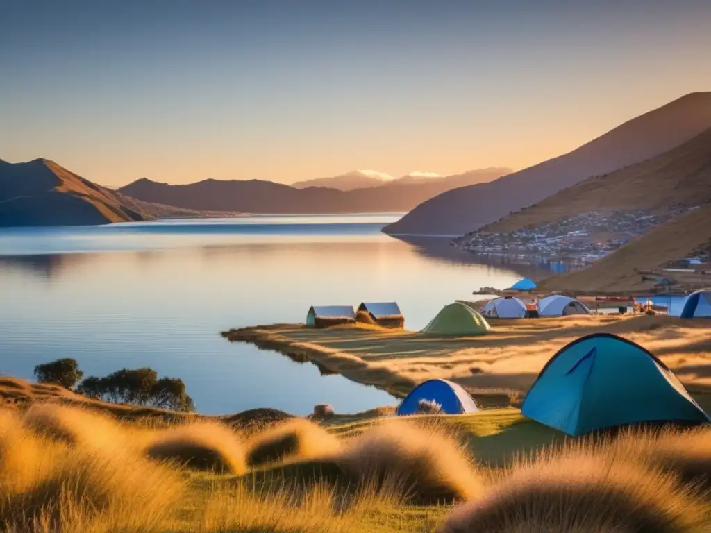 Vista impresionante del Lago Titicaca al amanecer, con montañas nevadas y acampada, ¡vive la experiencia!