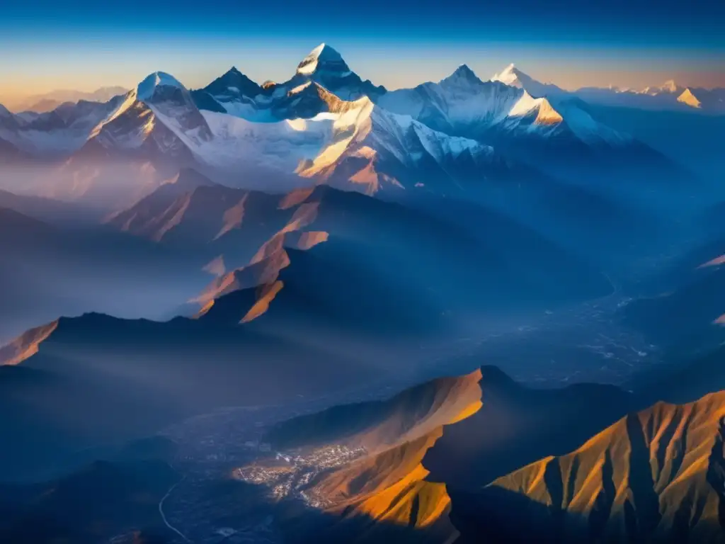 Vista aérea de montañas del Himalaya al amanecer, resaltando turismo sostenible en montañas