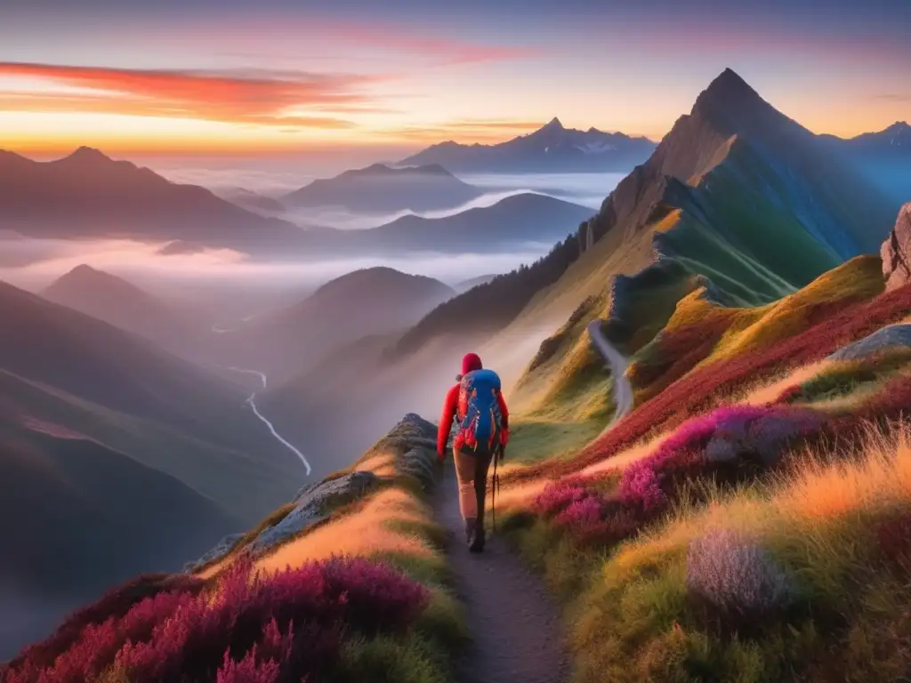 Impresionante paisaje de montañas cubiertas de niebla, con sendero y hiker en busca de aventura y la tienda de campaña ideal para senderismo