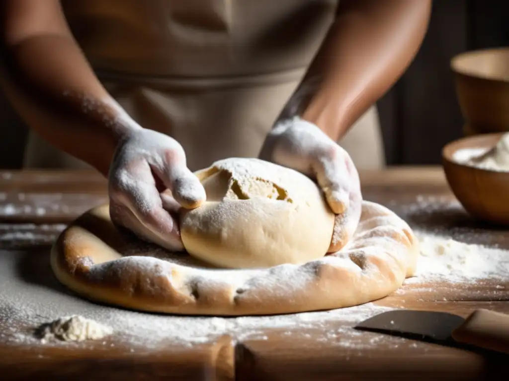 Manos amasando masa del pan de campo en una superficie de madera - Receta pan de campo camping