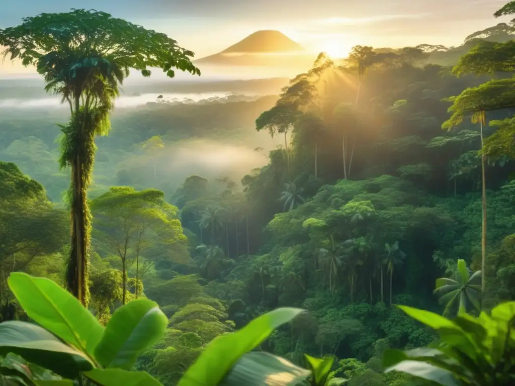 Leyendas indígenas selva amazónica con naturaleza exuberante, árboles majestuosos, rayos de luz etéreos y comunidad en ritual sagrado