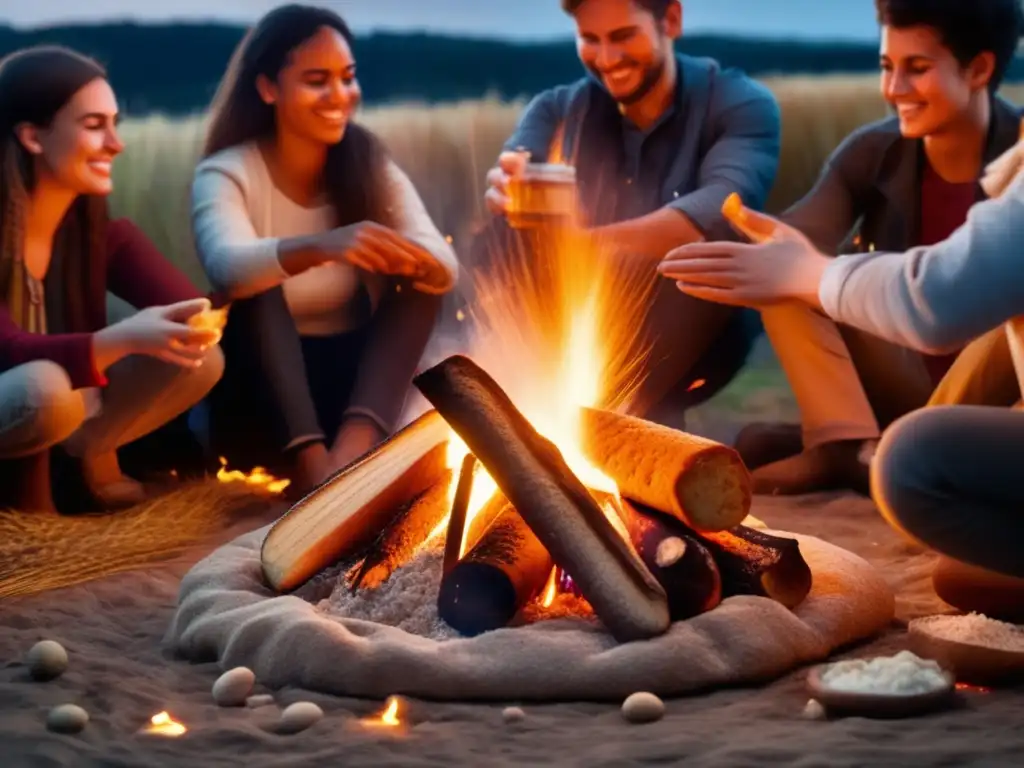 Pan casero en camping rodeado de amigos alrededor de una fogata rústica, creando una atmósfera misteriosa