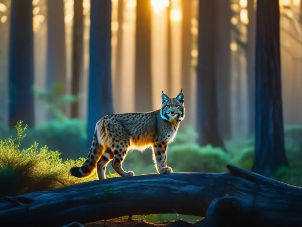 Especies en peligro de extinción en camping - Imagen de majestuoso lince ibérico en bosque misterioso y tranquilo al atardecer