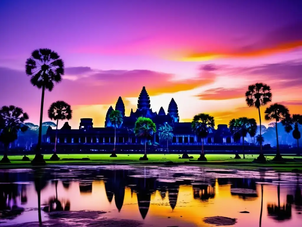 Majestuosidad de Angkor Wat al amanecer, con senderos de senderismo