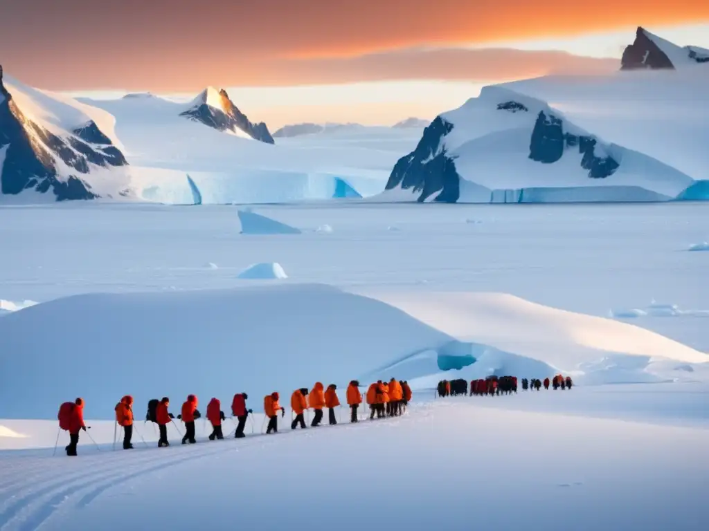 Impacto turismo Antártida preservación natural: paisaje helado con glaciares, montañas nevadas, exploradores en parkas rojas, pingüinos en hielo