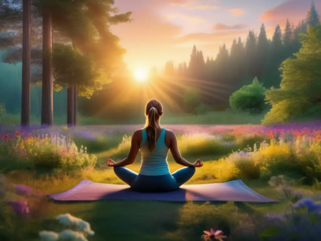 Beneficios yoga al amanecer en la naturaleza: persona en pose, bosque sereno, luz dorada, flores vibrantes