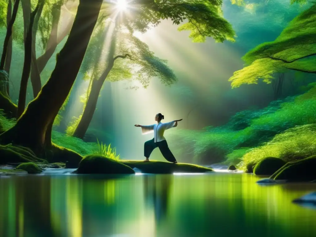 Beneficios del Tai Chi en la naturaleza: una imagen serena muestra un exuberante bosque verde con árboles majestuosos alcanzando el cielo