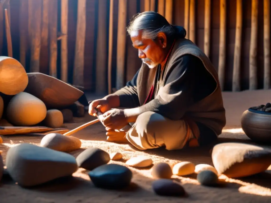 Artesano indígena tallando madera con herramientas de supervivencia en la naturaleza