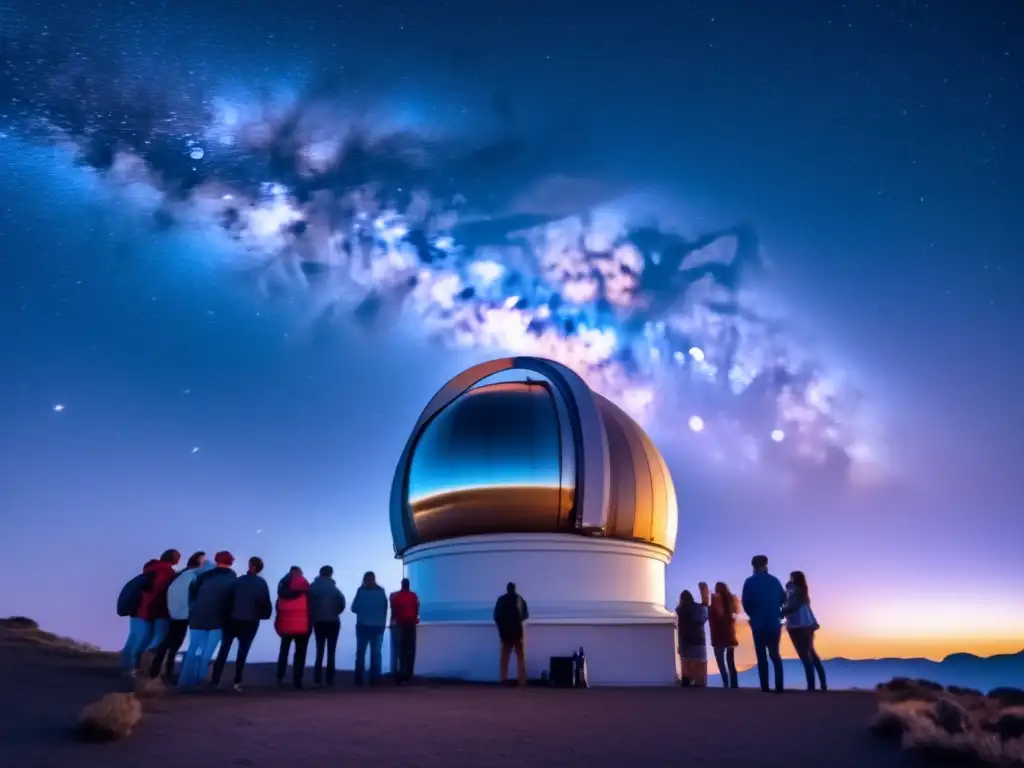 Equipamiento para observar la Vía Láctea: Grupo de entusiastas de la astronomía observando con telescopio en una noche estrellada