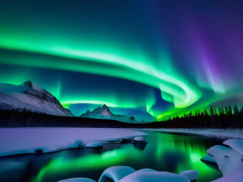 Fotografía nocturna auroras boreales: Cielo nocturno lleno de auroras boreales, paisaje nevado y fotógrafo capturando la belleza mística