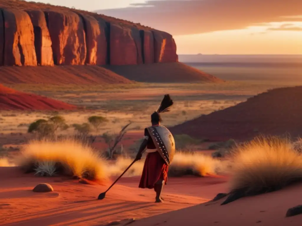 Rituales aborígenes en la naturaleza: figura solitaria en el Outback australiano, paisaje 8k al atardecer, conexión espiritual y misterio