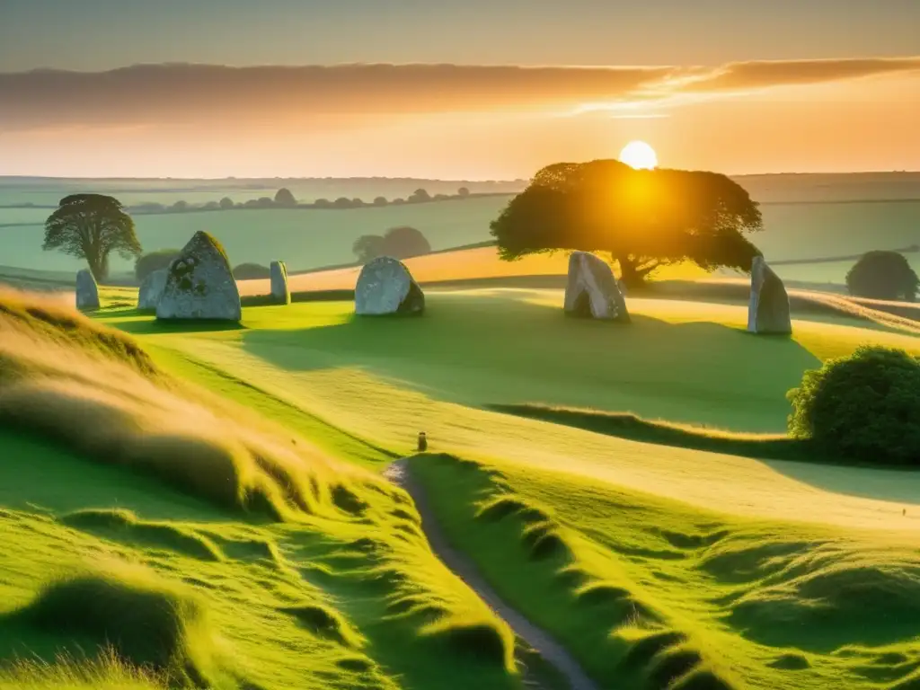 Senderismo en círculo de piedras Avebury: imagen 8k impresionante con piedras antiguas y paisaje verde exuberante al atardecer