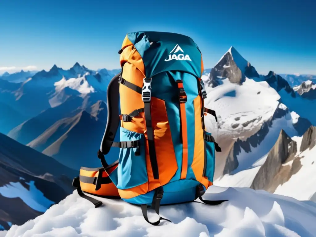 Equipamiento de alta montaña esencial: mochila innovadora, ergonómica y funcional, con múltiples compartimentos y colores vibrantes