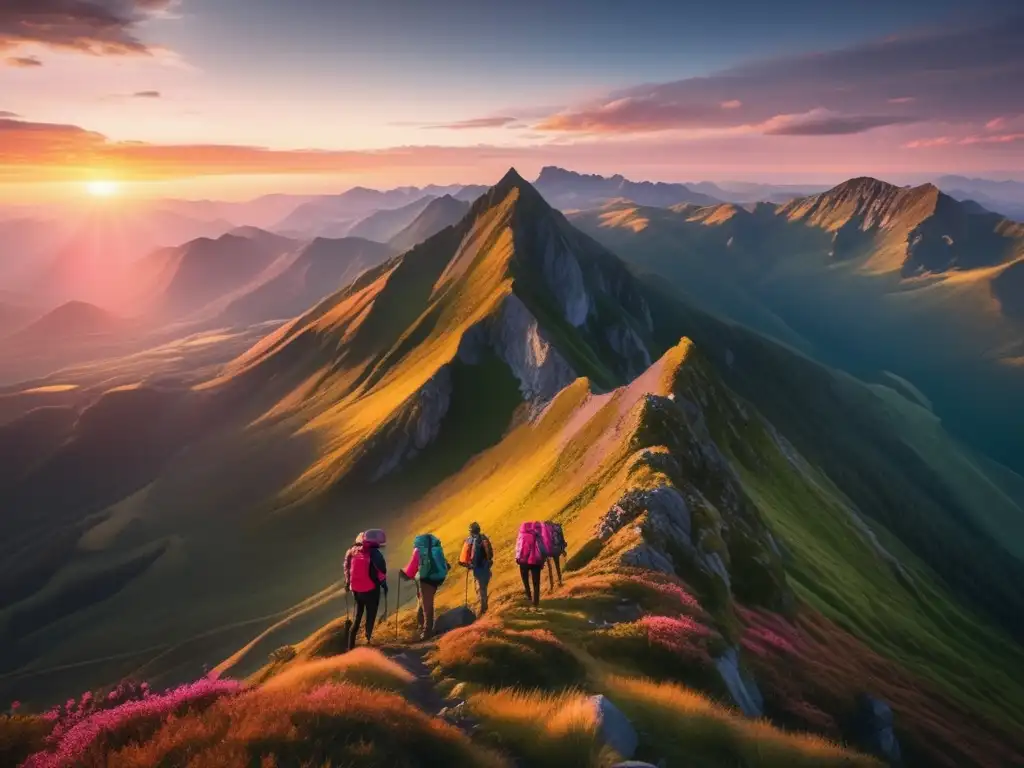 Grupo de hikers en cima de una montaña, paisaje impresionante - Mejores aplicaciones para acampar y senderismo