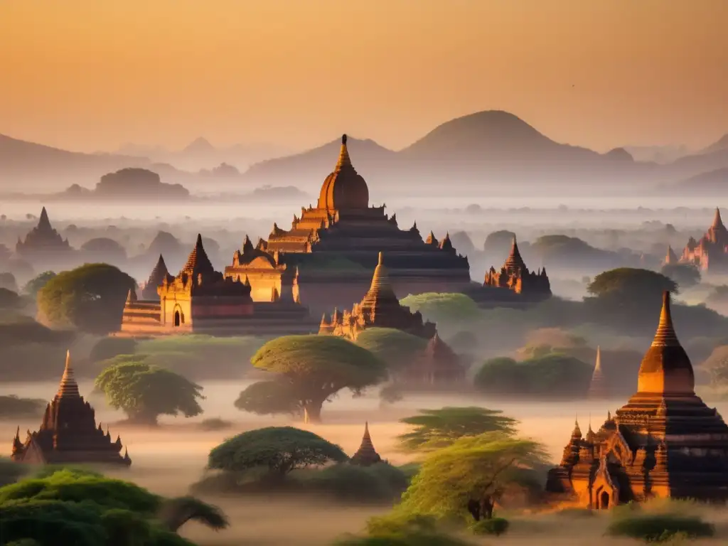 Acampar en los templos de Bagan: misterio y belleza, paisaje arqueológico con templos majestuosos al amanecer