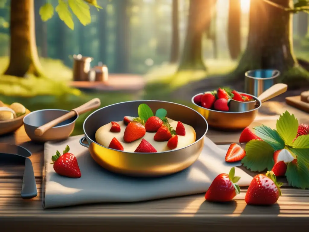 Recetas de repostería para camping al aire libre - Campamento en el bosque con mesa de madera, fresas rojas, utensilios de repostería y fogata