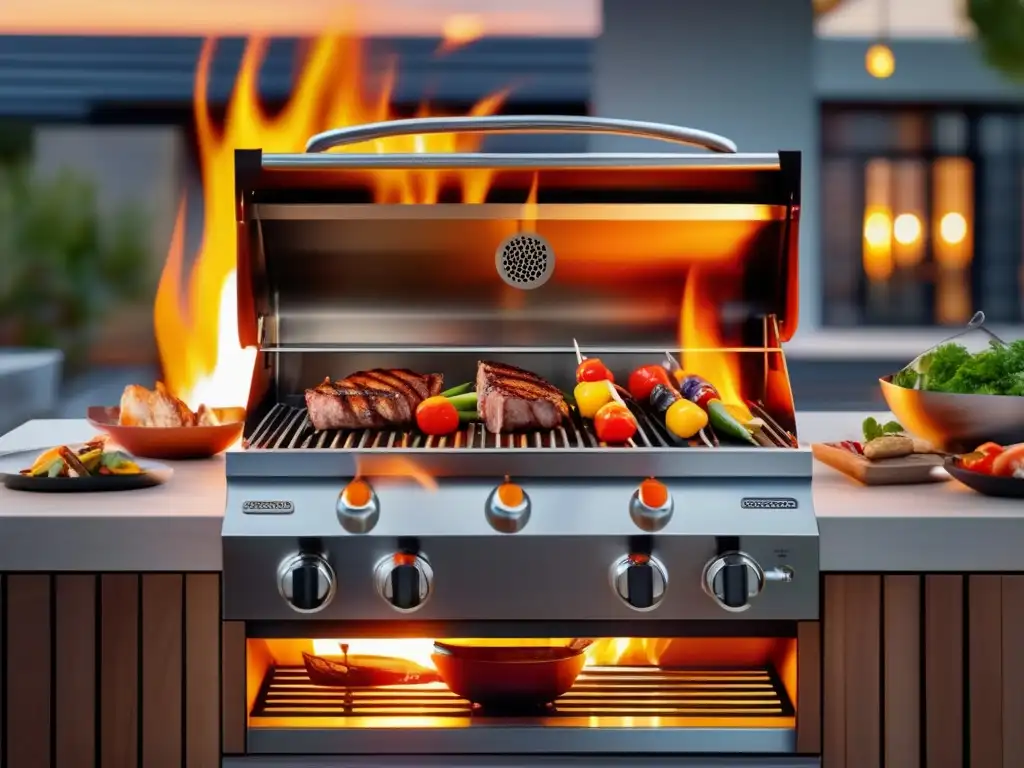 Recetas al aire libre: grill moderno, ingredientes vibrantes, ambiente acogedor