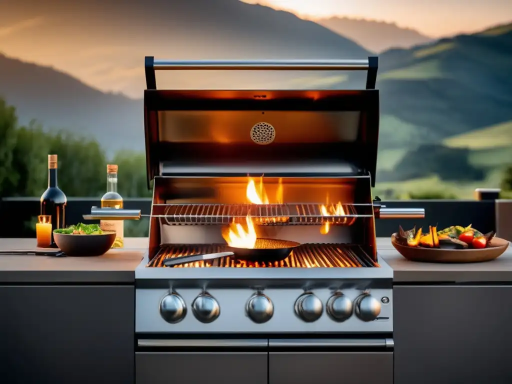 Imagen de cocina al aire libre con utensilios, grill y paisaje natural - Consejos para cocinar al aire libre