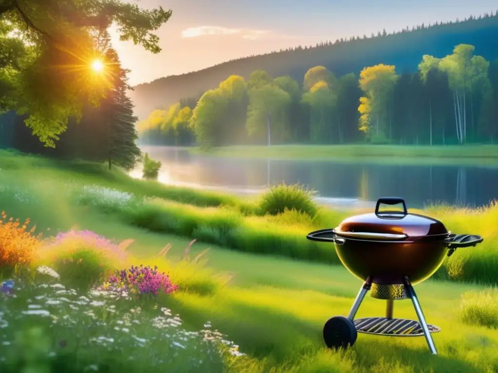 Organización de barbacoas al aire libre en la naturaleza con costillas de cerdo y brochetas de pollo y verduras a la parrilla