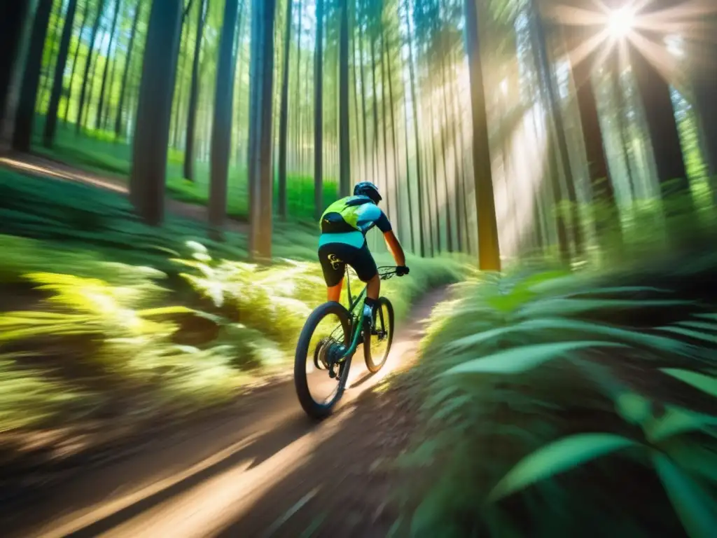 Biker disfruta del ciclismo de montaña en bosque misterioso, con luz y sombras - Beneficios del ciclismo de montaña para la salud cardiovascular