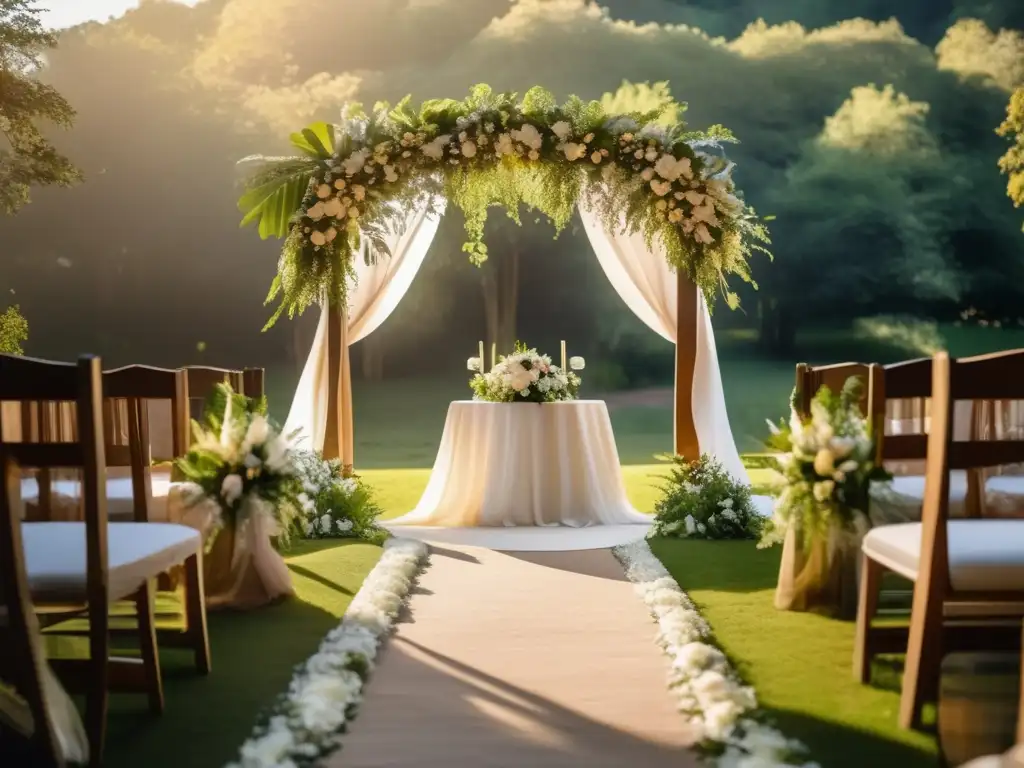 Ceremonia de boda al aire libre: Tradiciones mágicas, bosque, arco de madera decorado con flores, novios intercambiando votos, invitados cautivados