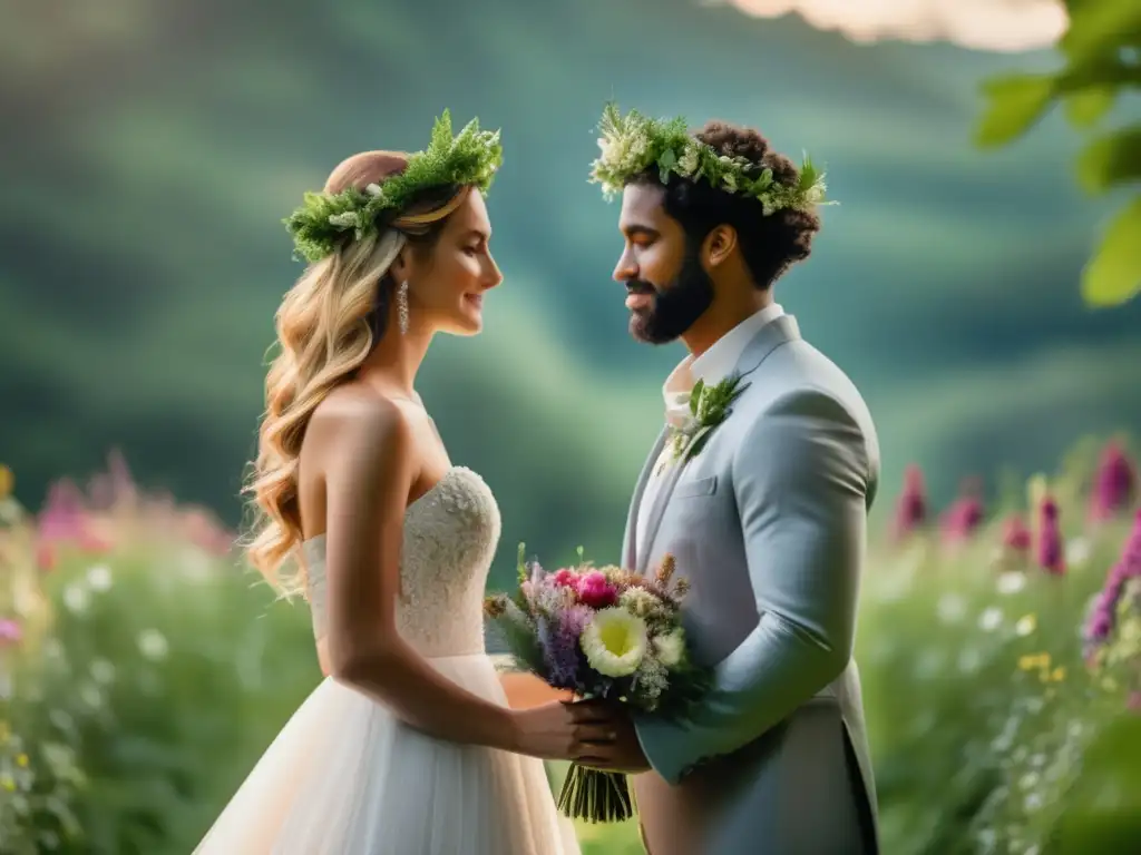 Ceremonia mágica al aire libre: Enamorados intercambian votos bajo un arco de ramas y flores, rodeados de exuberante naturaleza y una cascada oculta