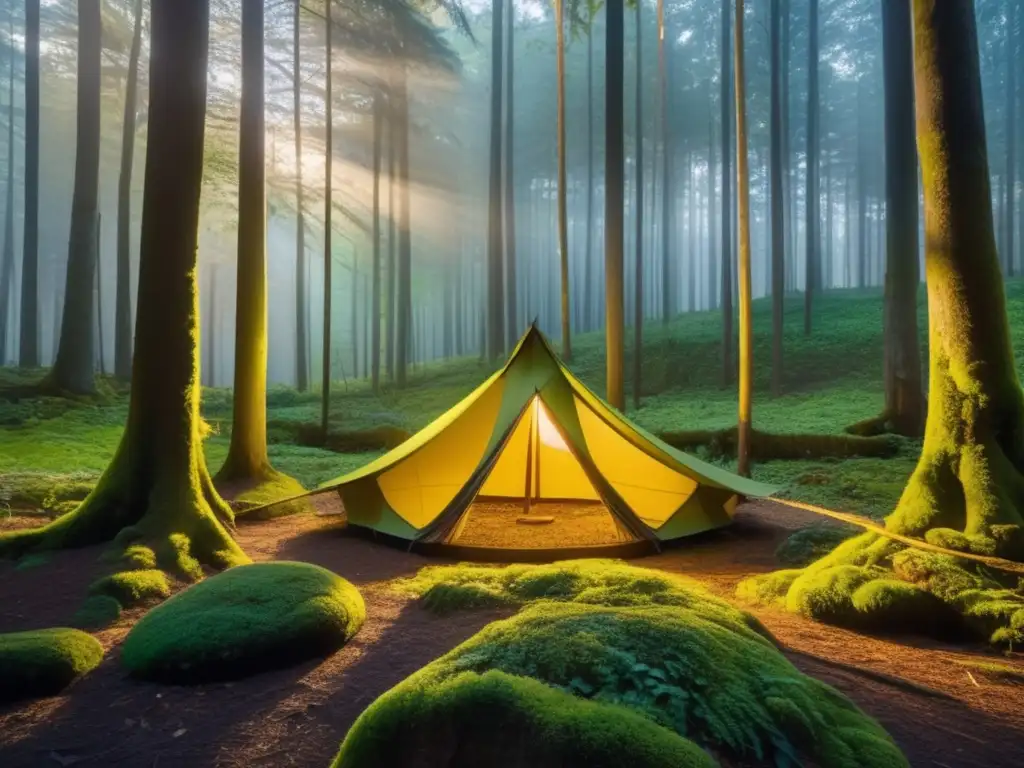 Refugio de supervivencia estilo indígena en un bosque denso al atardecer