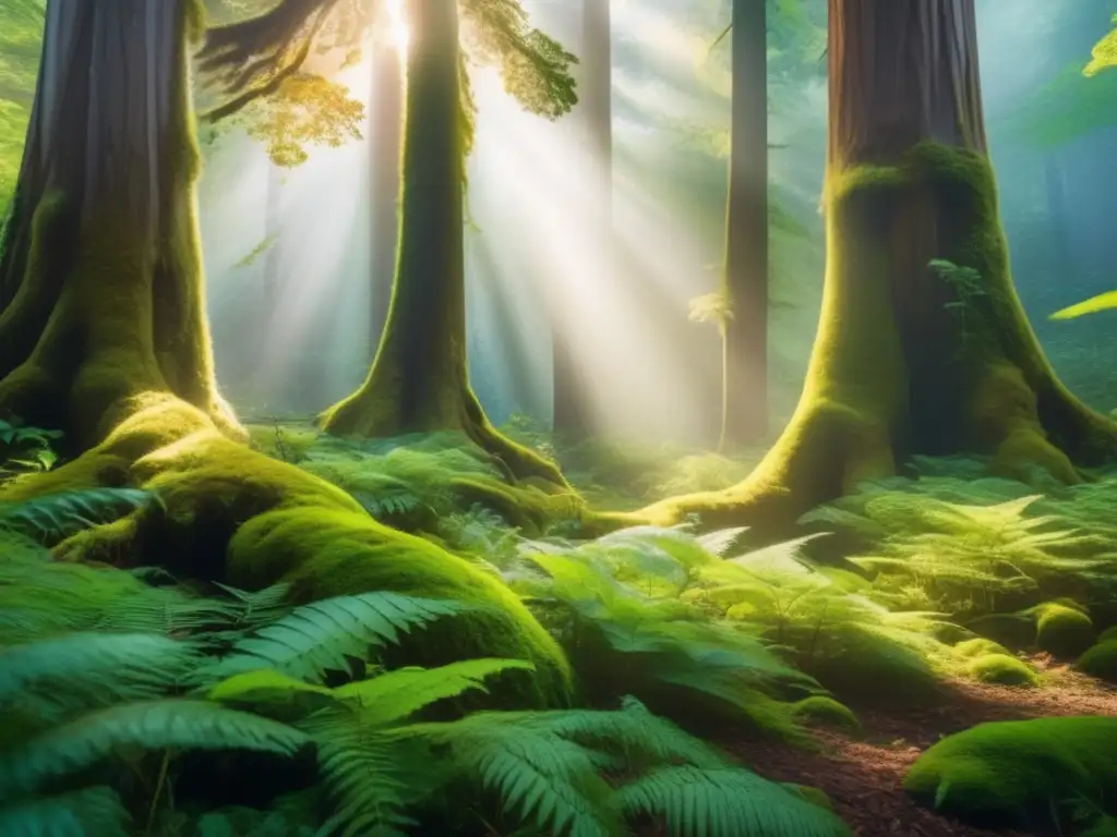 Senderismo y camping en la naturaleza ancestral: Escena mágica de un antiguo bosque, bañado por una suave luz etérea