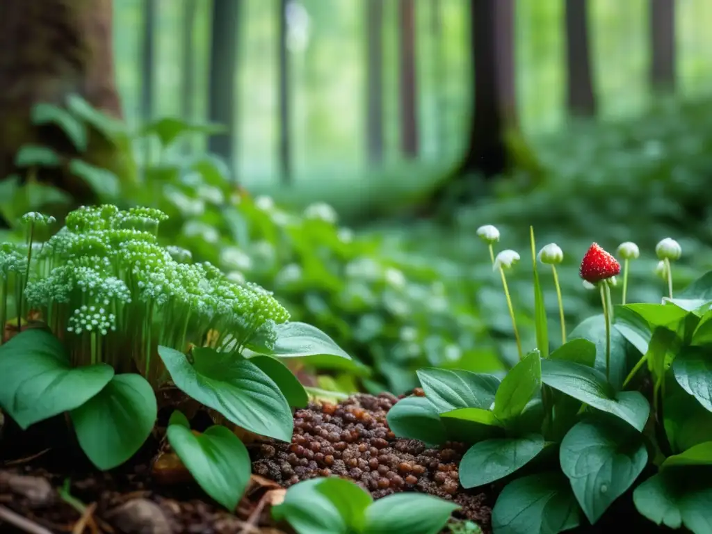 Plantas comestibles en senderismo y camping: Bosque exuberante con plantas y frutas vibrantes, como ajo silvestre, fresas silvestres, menta y más