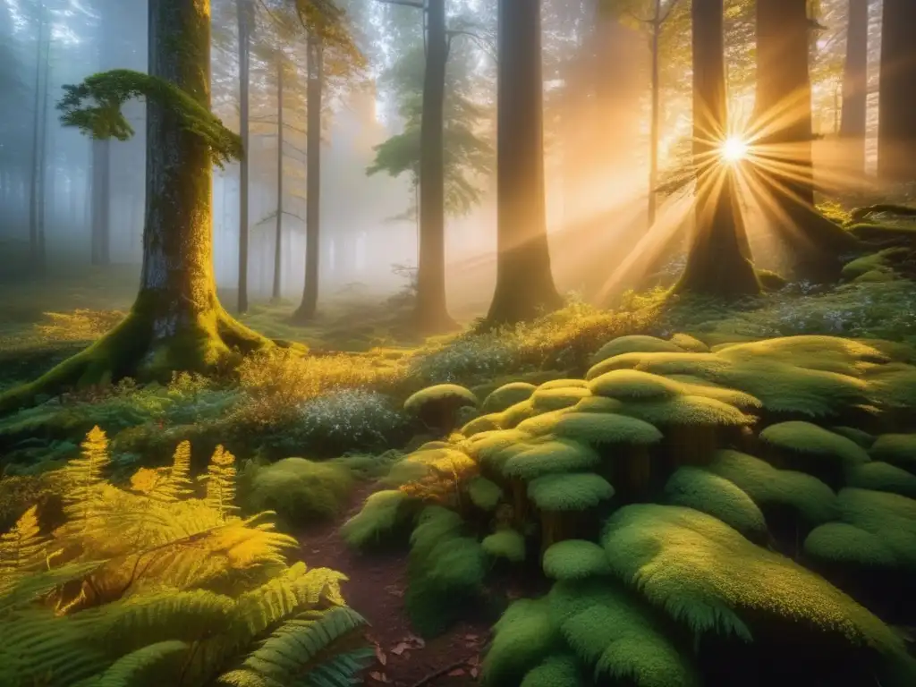 Importancia campistas preservando entorno natural: bosque encantador al atardecer con árboles, río y flores