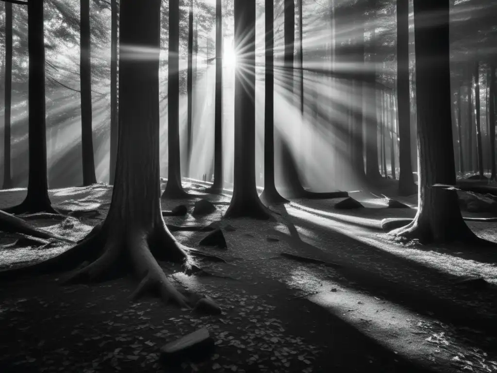 Fotografía en blanco y negro de una densa escena de bosque, con juego de luces y sombras, texturas de árboles y hojas en el suelo