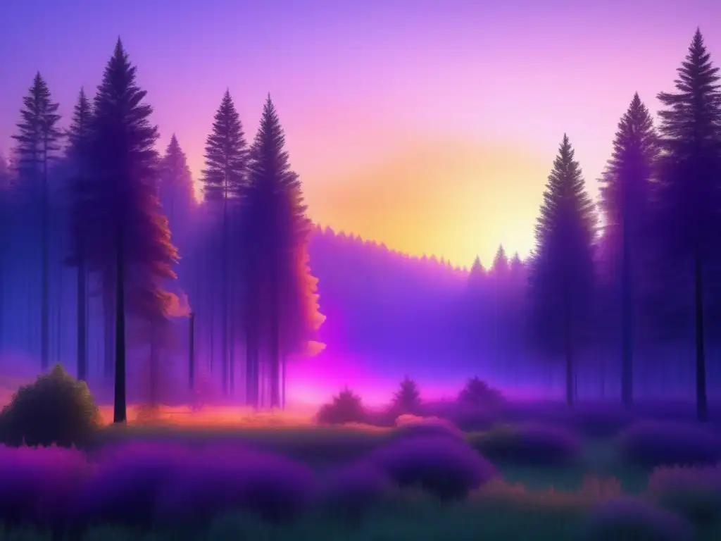 Fotografía de naturaleza con luz dorada: bosque sereno al amanecer con árboles silueteados y cielo vibrante en tonos naranja, rosa y morado