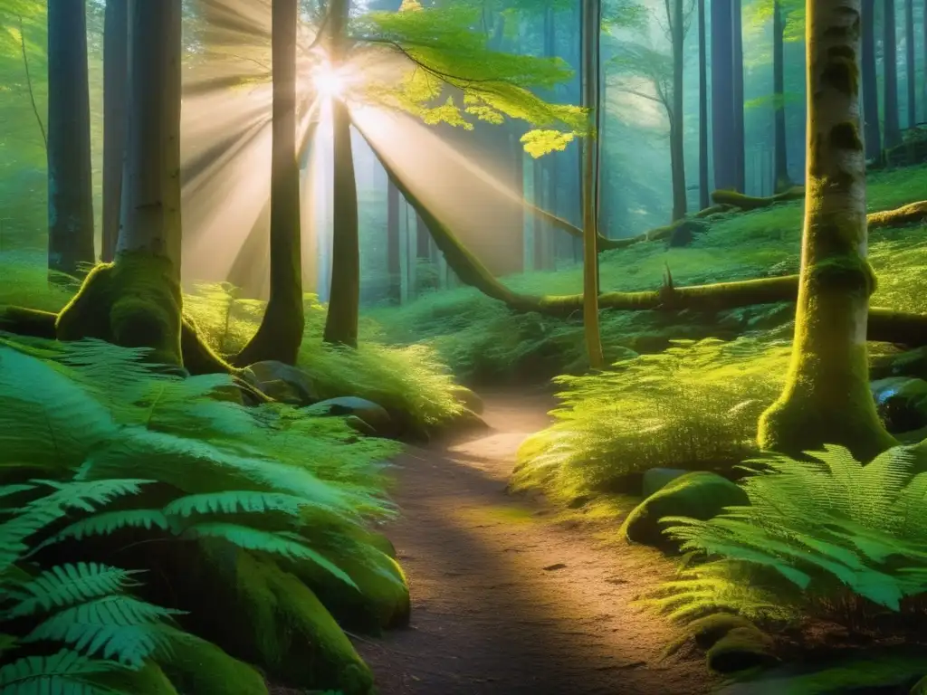 Campismo sostenible en la naturaleza, bosque sereno al atardecer con árboles altos y luz dorada