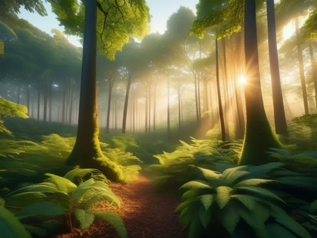 Bosque denso y exuberante al atardecer, con árboles majestuosos y un río cristalino