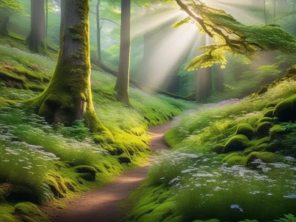 Bosque verde exuberante con árboles altos y un camino serpenteante