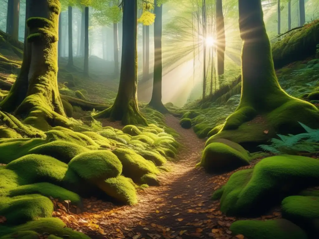 Un paisaje de bosque exuberante con árboles altos y sendero invitador