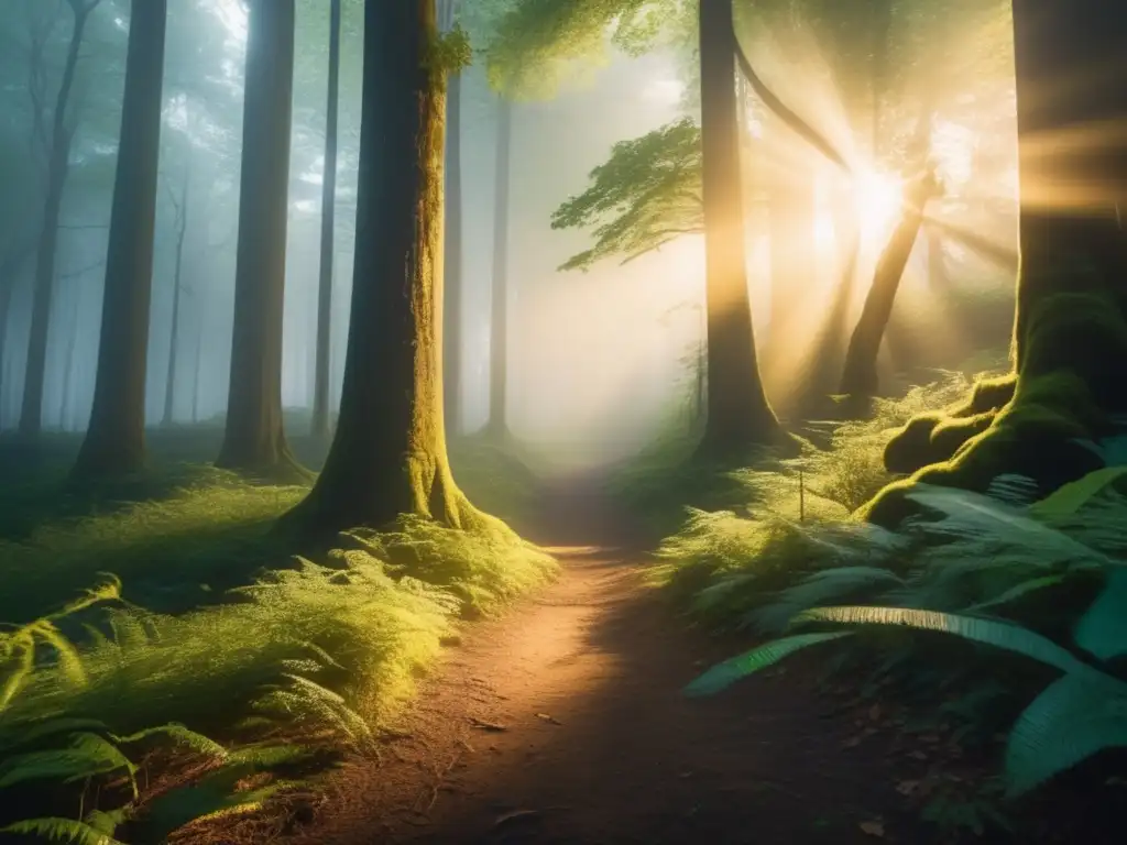 Senderismo en un mágico bosque con árboles majestuosos y paisajes dorados al amanecer