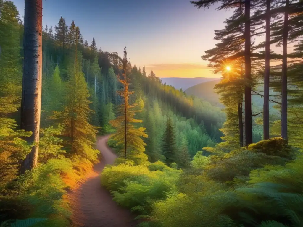 Descubriendo la biodiversidad en campings: Bosque vibrante al atardecer, con rayos de sol filtrándose entre los árboles y sendero invitando a explorar