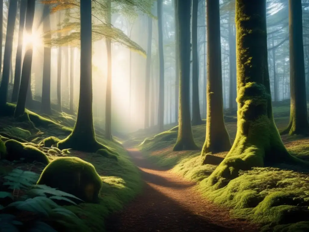 Ceremonias espirituales en el bosque: bosque místico con árboles majestuosos, luz filtrada y sendero invitador