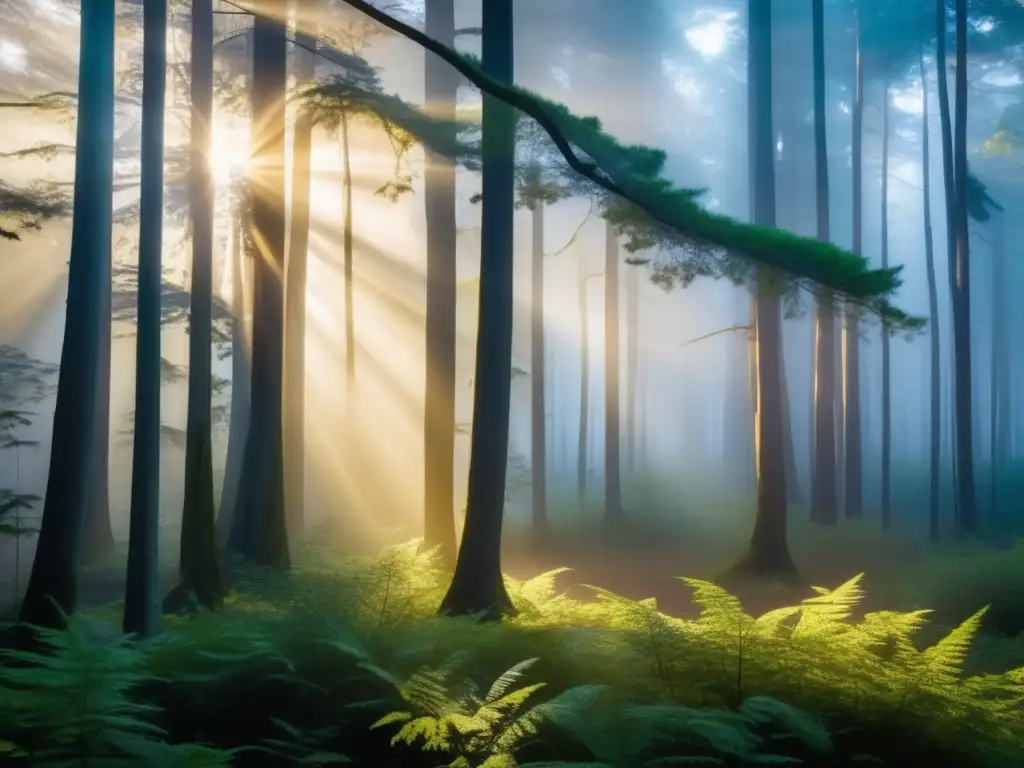 Bosque místico al atardecer, con árboles altos y delgados, un círculo de piedra antiguo rodeado de flores silvestres